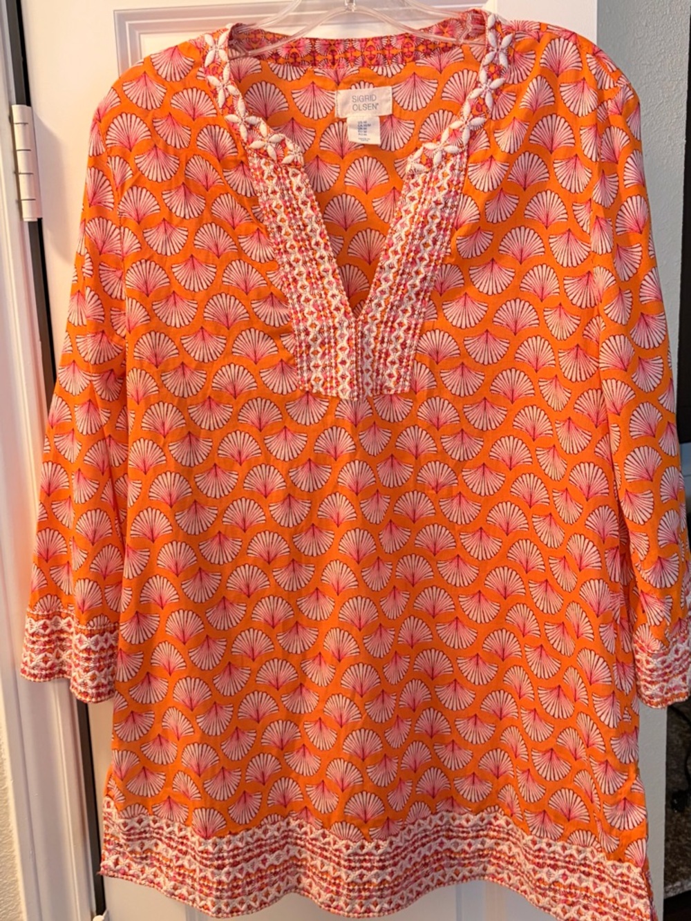 Sigrid Olsen Orange & Pink Printed Tunic with Embroidered V-Neck - Picture 3 of 10